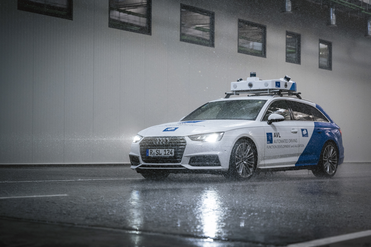 The driving behaviour of a vehicle with ADAS is tested in light rain